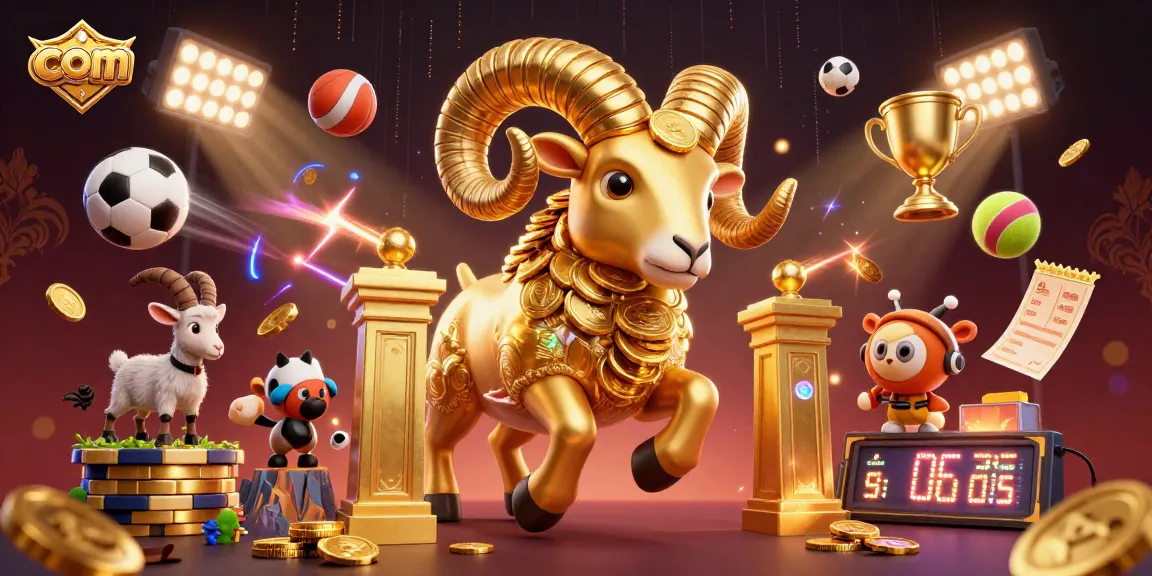 Bet on com while watching a golden ram charge through gates surrounded by flying sports balls.