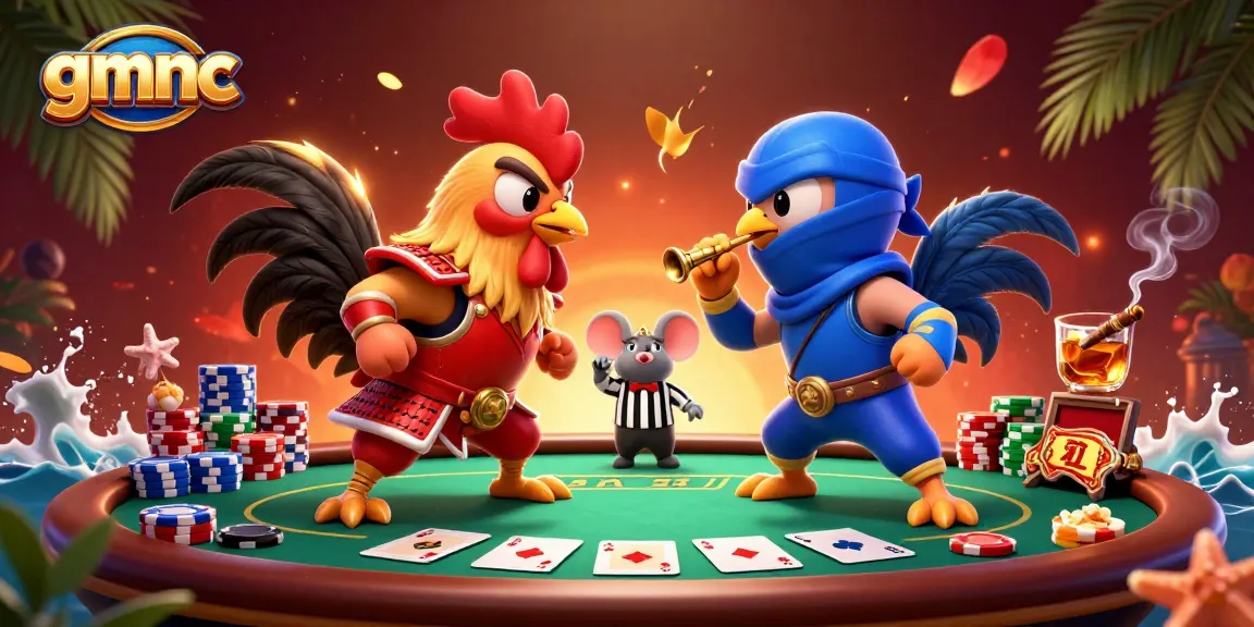 Fight with GMNC roosters at a poker table, showcasing intense gambling action!