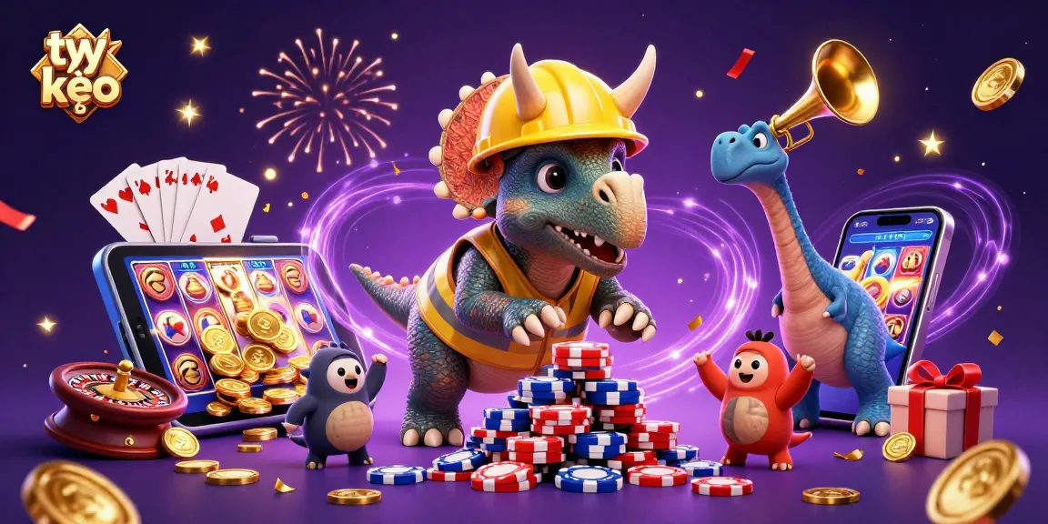 Engage with tỷ lệ kèo as triceratops builds poker chip tower, celebrating gaming excitement.