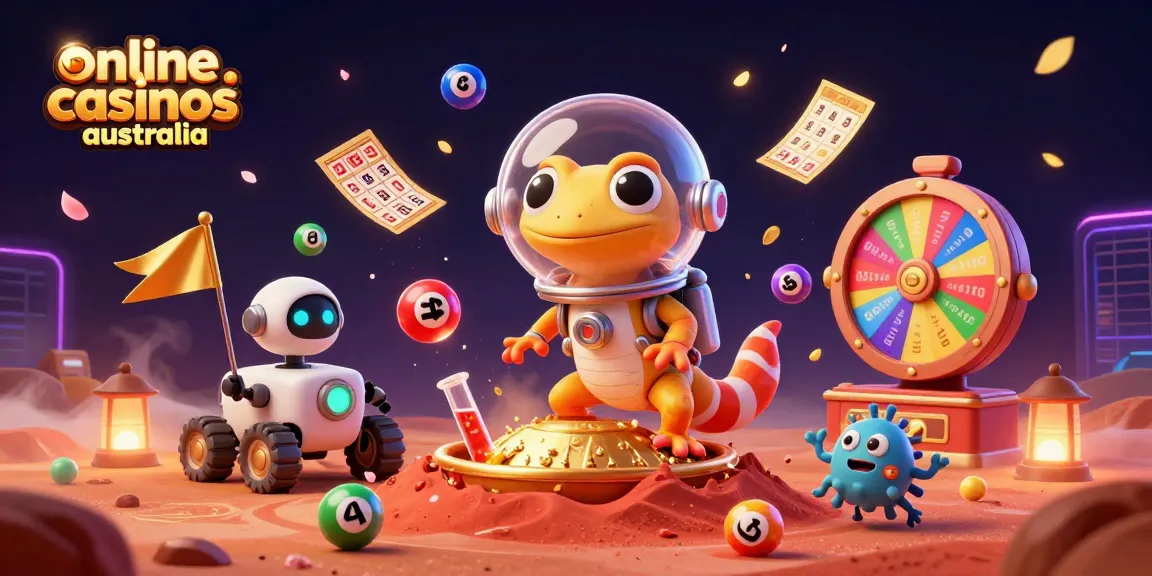 Experience vibrant action at online casinos Australia with a lively scene featuring Martian gecko and gaming elements.