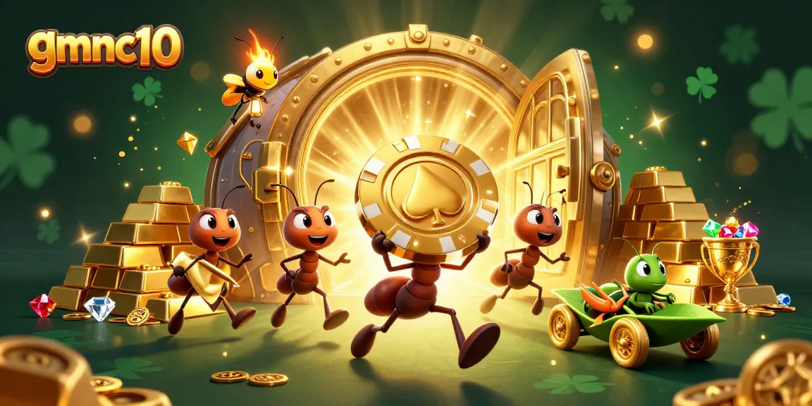 gmnc10 ant team executing a heist, surrounded by gold and riches in a vibrant casino scene