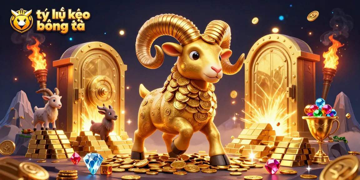 Visualize tỷ lệ kèo bóng đá strategies with golden ram charging through treasure, immersing in riches.