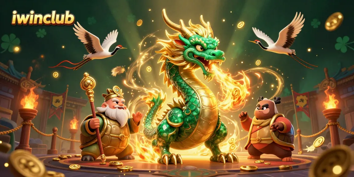 Play exciting games at iwinclub with a powerful dragon and sage in a vibrant casino scene.