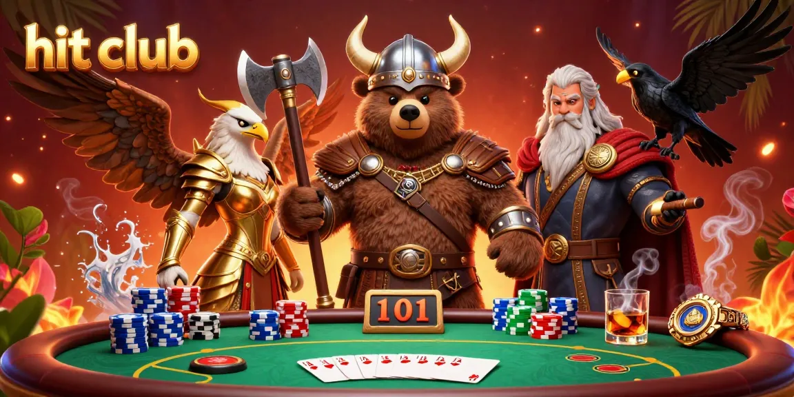 Hit club showcases a vibrant illustration featuring a Viking bear, Valkyrie eagle, and poker elements, embodying casino excitement.