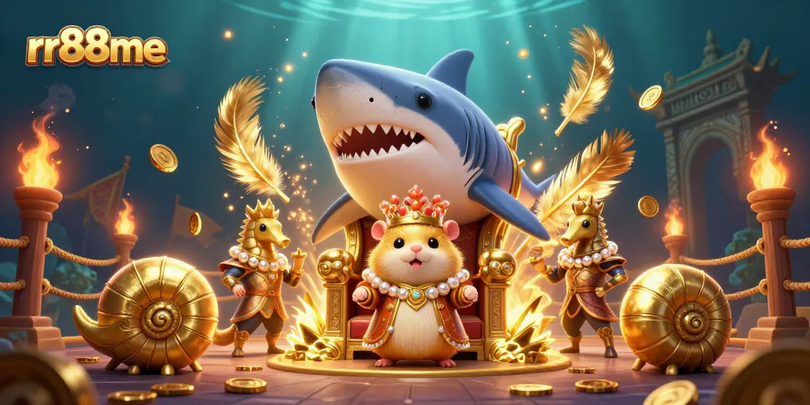 Experience thrilling gameplay at rr88me with a fierce golden hamster king and a megalodon throne in this vibrant casino scene.
