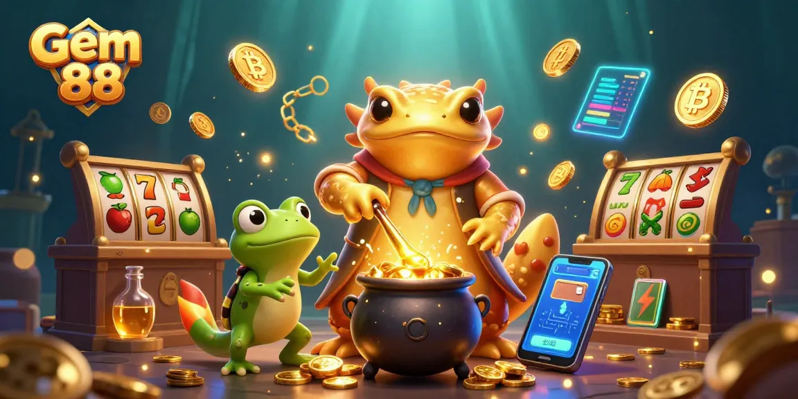 Gem 88 casino scene featuring a golden salamander alchemist, slot elements, and crypto coins.
