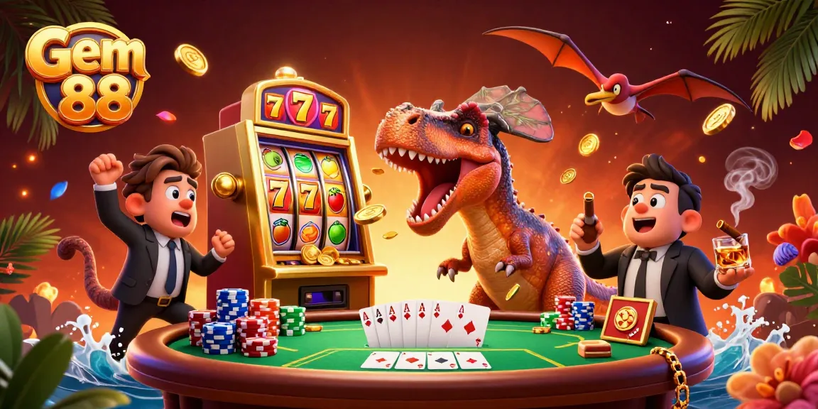 Gem 88 showcases a pachycephalosaurus celebrating a jackpot with vibrant casino elements.