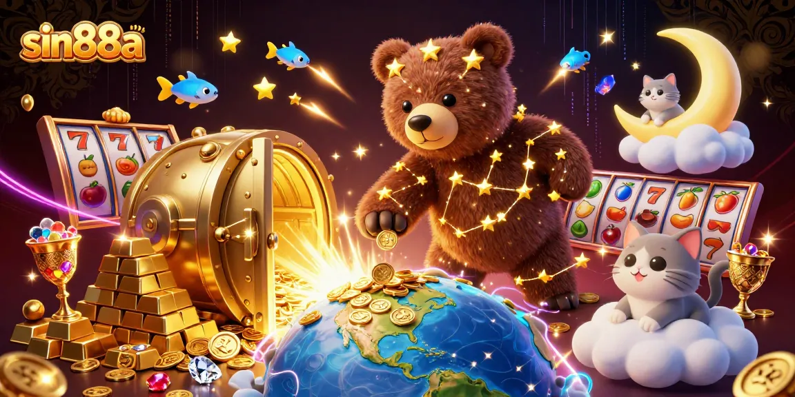 Scoop coins and win with sin88a's vibrant slot scene, featuring a constellation bear and glorious casino elements.