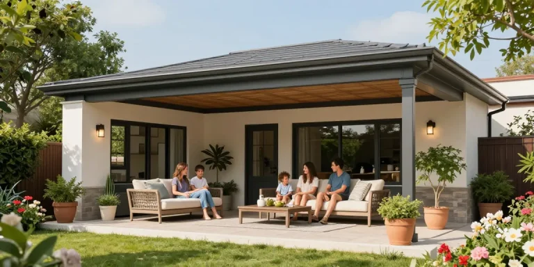 Familie genießt die Terrasse unter einer freistehenden Terrassenüberdachung.