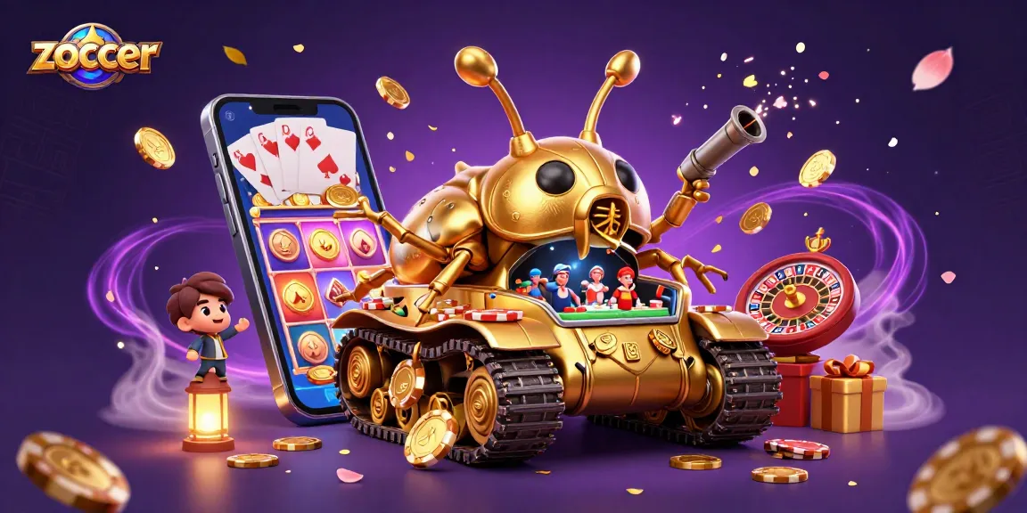 Zoccer features a vibrant 3D illustration of a golden casino beetle tank, celebrating casino games.