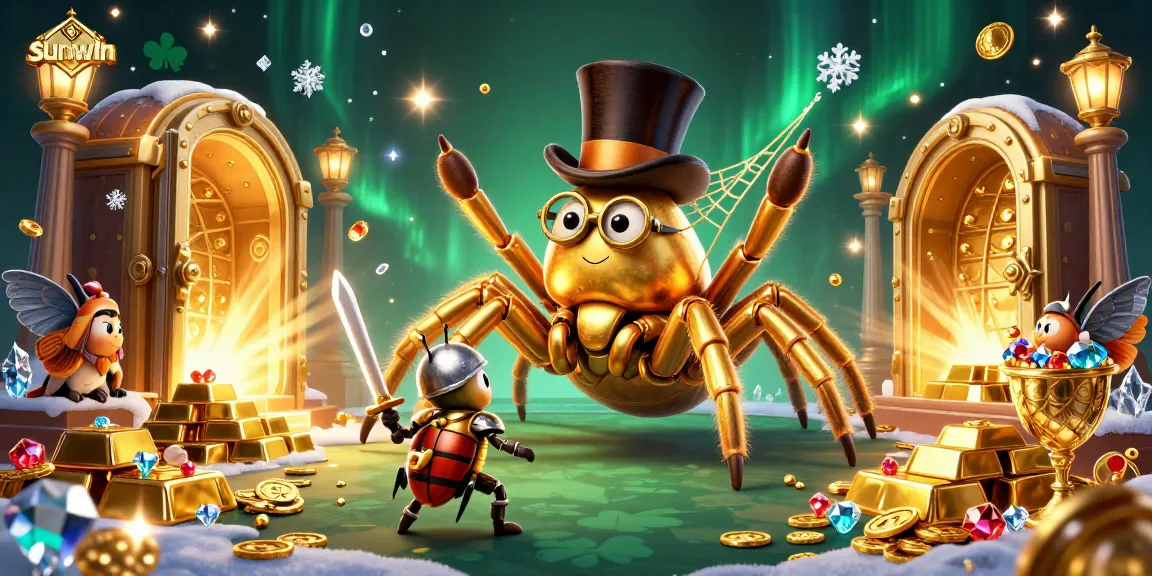 Experience the thrill at sunwin with golden treasures and 3D animated characters in an enchanting casino scene.