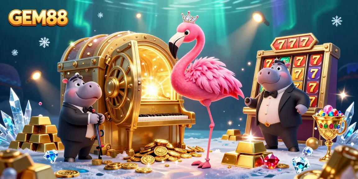 Engage in thrilling casino action with GEM88 as a flamboyant flamingo singer and hippo bassist perform in a dynamic gaming scene.