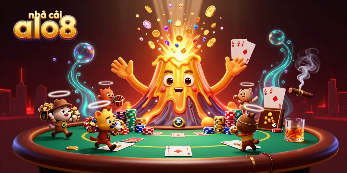 Win big at nhà cái alo8 with an exciting scene of treasure, poker, and vibrant casino elements.
